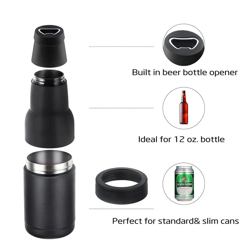 3 in 1 Stainless Steel Beer Drink Can Bottle Holder with Cola Opener Double Wall Vacuum Insulated for Beer Can Cooler Bar