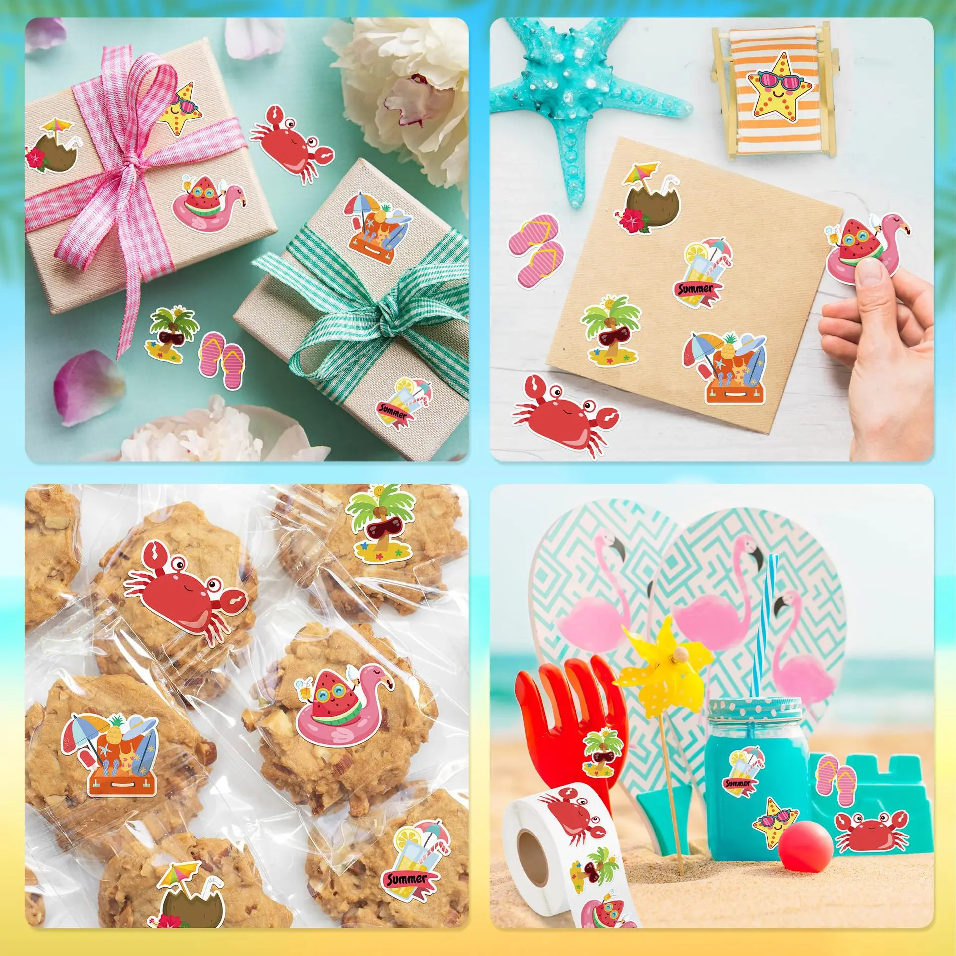 500 Pcs 여름 스티커 롤 하와이 열대 해변 자체 접착 라벨 루아우 파티 용품 휴일 DIY 공예품 장식