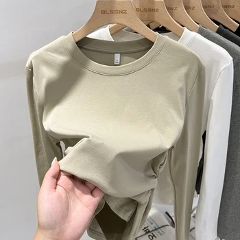 الكورية بسيطة قاعدة طبقة المرأة تي شيرت الخريف الشتاء 2025 القطن س الرقبة ضئيلة الصلبة تنوعا الاتجاه عادية كم طويل تيز 4