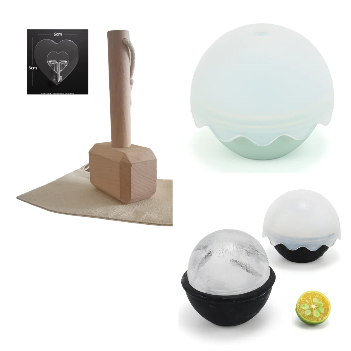Ice Mold Ice Crusher Wood Mallet Bottle Opener Reuseable Canvas Bag Sticky Hook in Crush Set Kitchen Accessories Barman