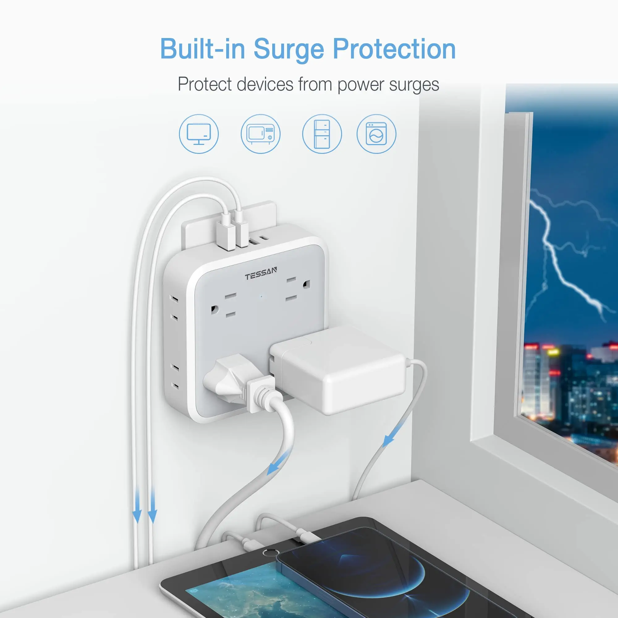 TESSAN-12  1  ܼƮ Ȯ, AC ܼƮ 8   USB 4  (USB C Ʈ 1 ) ,  ȣⰡִ  ÷  й