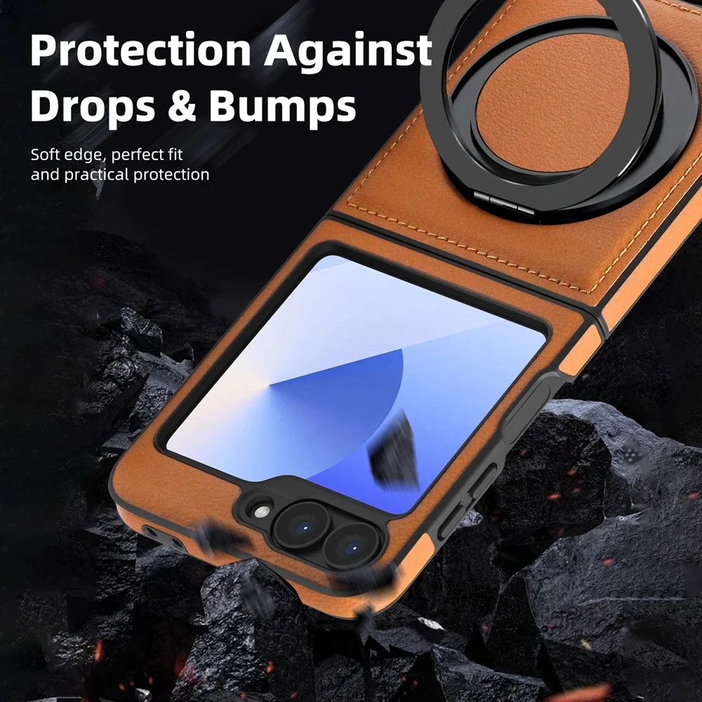 Ring Bracket Leather Flip Case with 360° Protection and Magsafe Compatibility - Shockproof Phone Cover