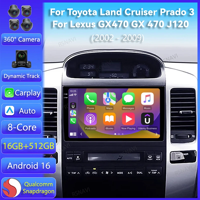 Android 16 Carplay Auto para Toyota Land Cruiser Prado 120 3 para Lexus GX470 GX 470 J120 2002 - 2009 Reproductor de radio estéreo para coche 2Din 1