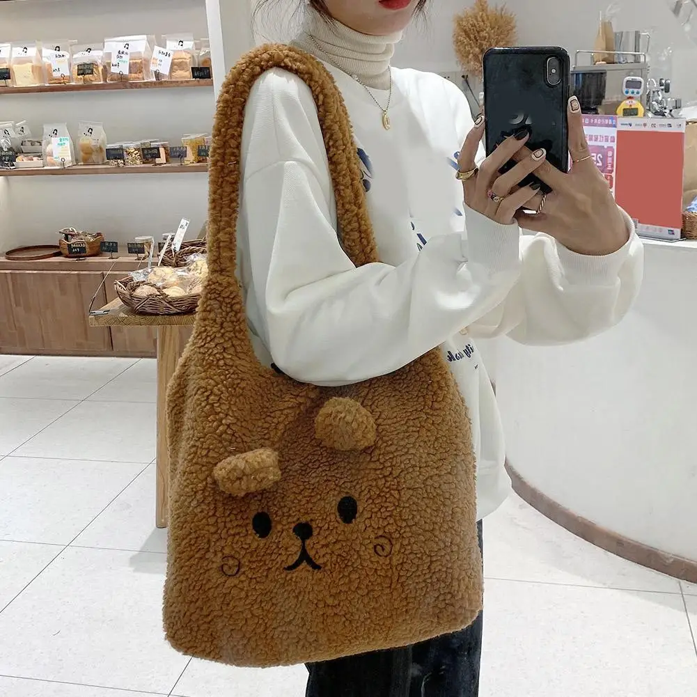 Soft Plush Tote Bag Women Cartoon Embroidery Imitation Lamb Hair Shoulder Shopper O7H5