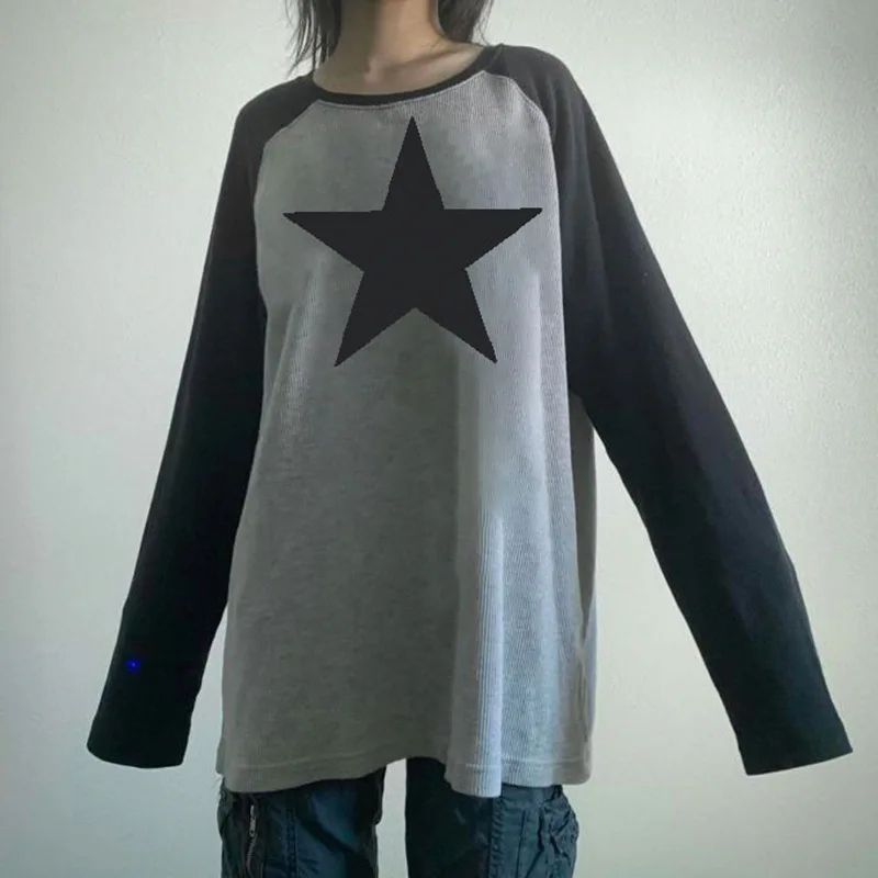 

Women's Sweater Harajuku Splicing Pentagram Knitted Long Sleeves Top Korean Fashion Loose Round Neck Pullover Sweater