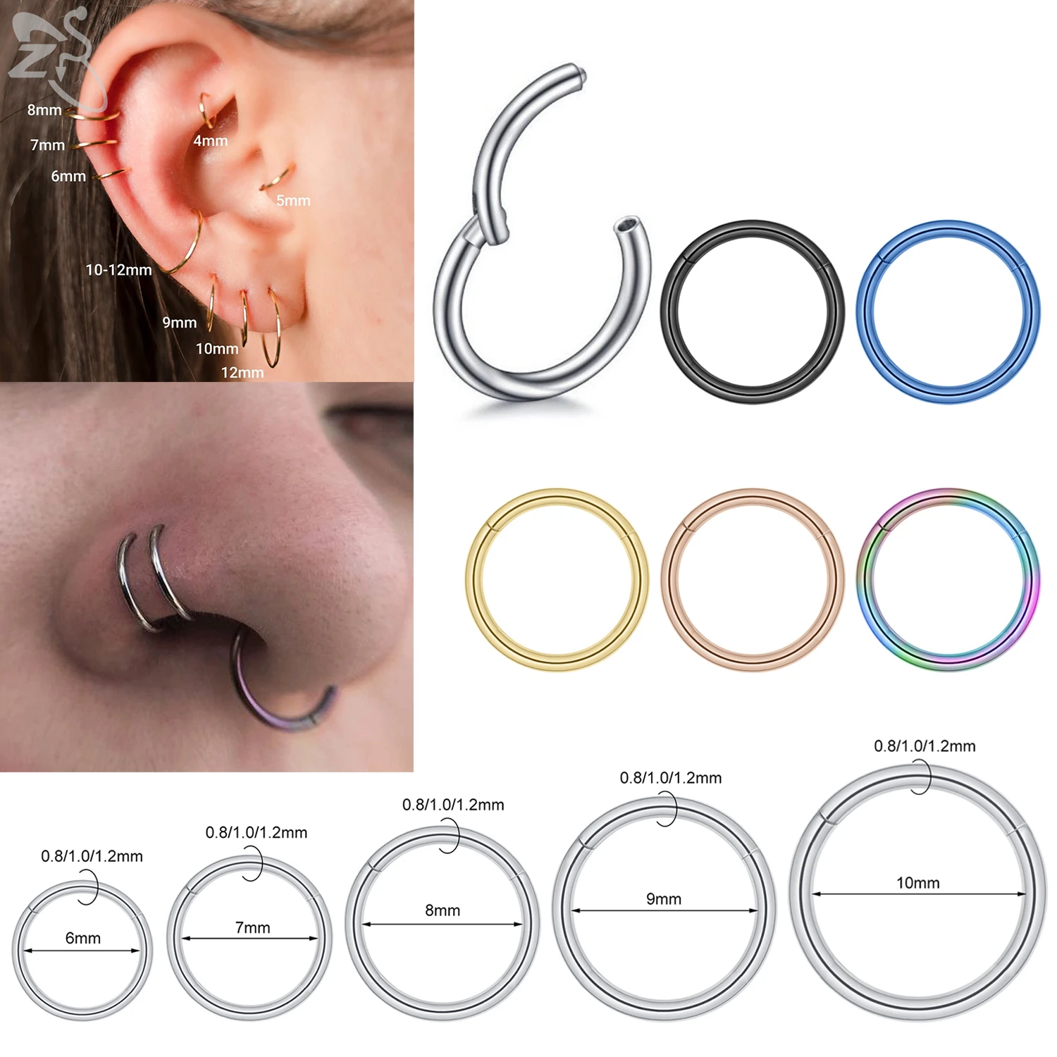 ZS 1-2pc/lot pestrý 316 l nerez ocel obruč nos prsten 20/18/16G septima kroužky ucho chrupavka bodloplev lodní šroub havran polní piercing 6-10MM