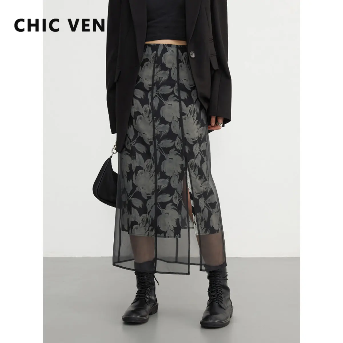 CHIC VEN Skirts for Women Vintage High Waist A-LINE Plaid Black Midi Skirt Fashion Ladies Casual Long Clothing Summer 2023