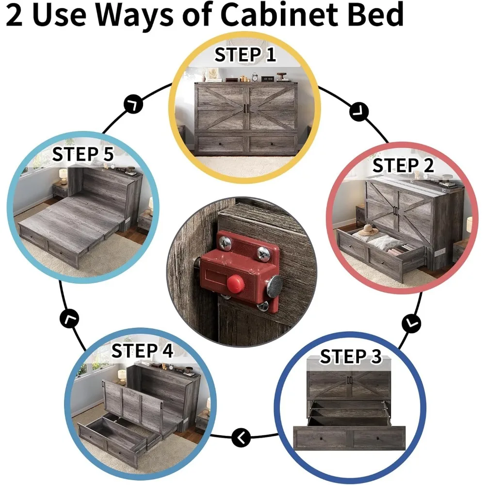 Murphy Bed, Cabinet Bed with Charging Station Large Storage Drawer for Home Office or Room, Hideaway Full Foldable Platform Bed 5