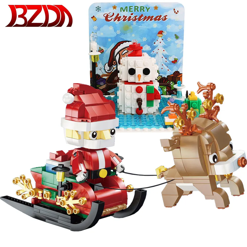 BZDA рождественские блоки Горные лыжи зимняя деревня городской поезд Санта Клаус фигурки детали DIY