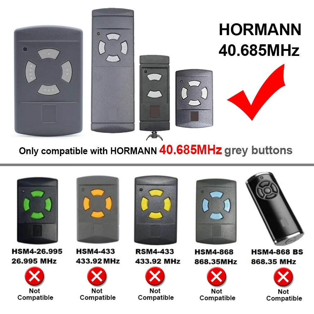 40 685MHz HORMANN HSE2 HSE4 HSM2 HSM4 HS2 HS4 Remote Control Gate Grey Button 40.685 Garage Door Opener 40MHz