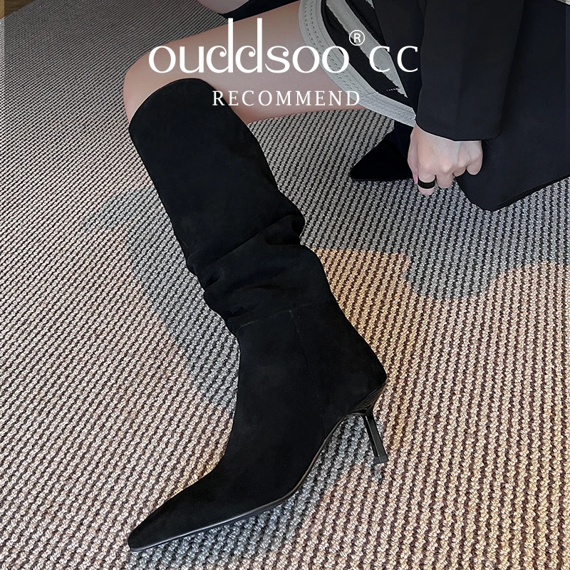 

ODS Women Genuine Leather Knee High Boots Pointed Toe Thin High Heel Ladies Pleated Fashion Long Boot Autumn Winter Shoes