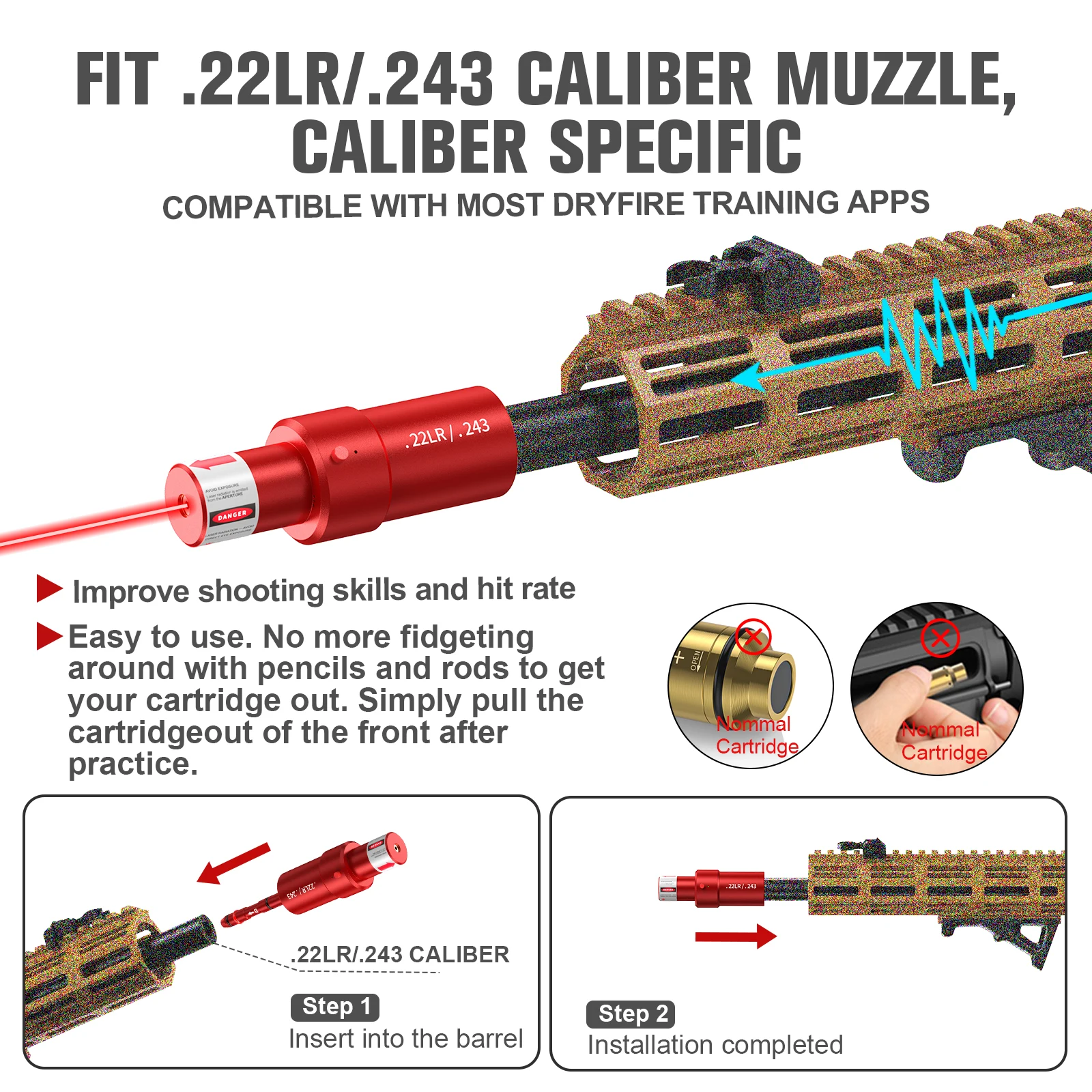 Red Dot Laser Sight Tactical 9mm Red Dot Laser Bore Sight 22LR 12GA 7.62mm Voice Controlled Laser Training Bullet 9mm Dry Fire Trainer Cartridge