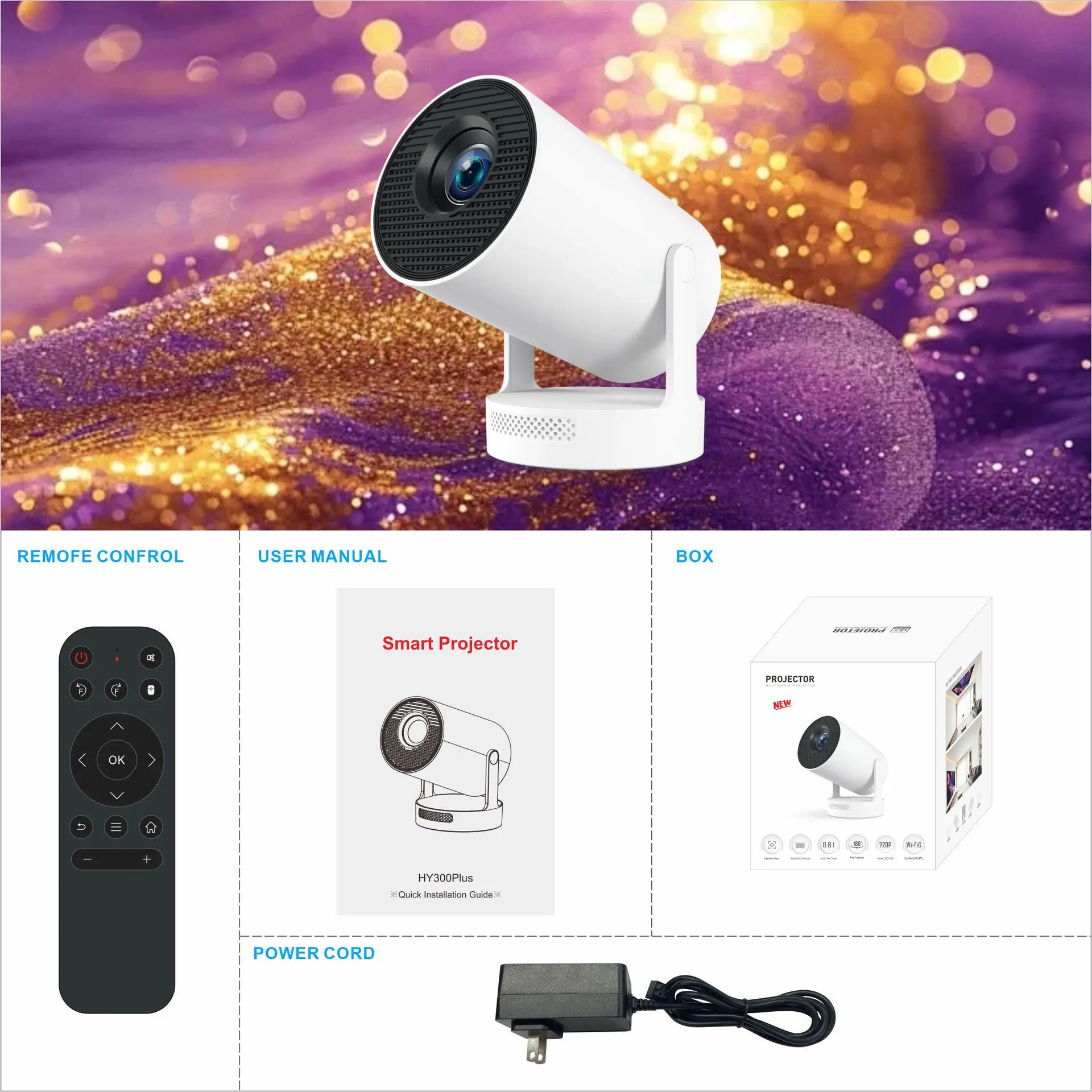 HY300 플러스 오토포커스 4K 프로젝터, 미니 휴대용 폰 스크린 미러링 WiFi 스마트 프로젝터 (가정용)