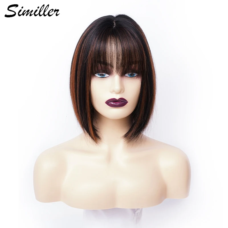 

Similler Women Synthetic Short Wigs Heat Resistance Straight Hair Brown Black Ombre Bob Wig with Bangs Pelucas