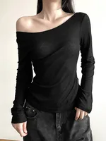 Femmes automne à manches longues Slash cou culture hauts élastique Sexy mince dos nu T-Shirts femme nouvelle mode à lacets haut rigide T-Shirts 3
