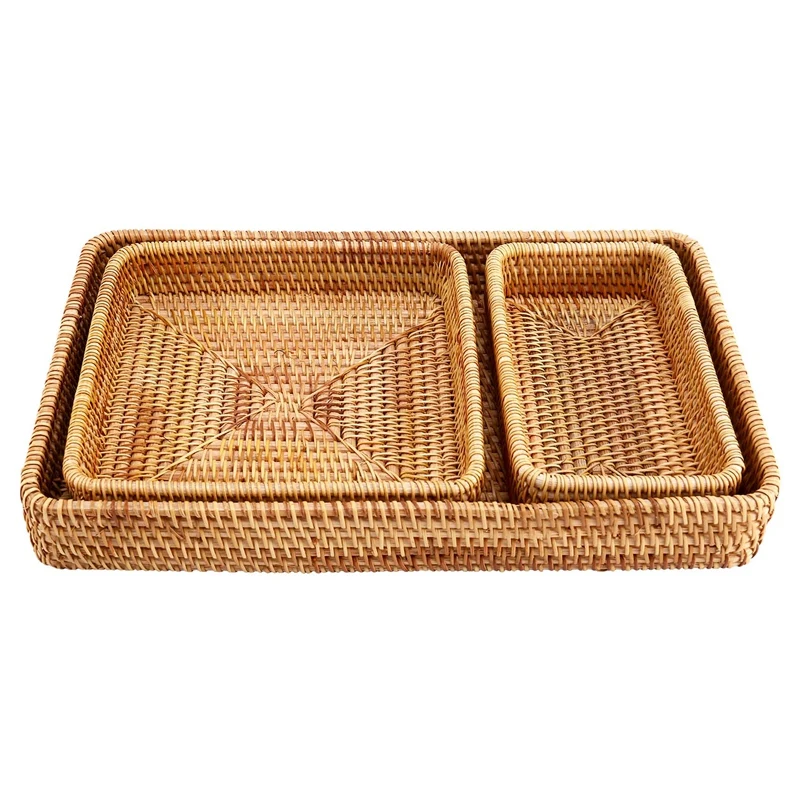 

NEW-Rattan Wicker Serving Tray Rectangular Decorative Organizer For Coffee Table Fruit Drinks Snack Bathroom Platter Kitchen