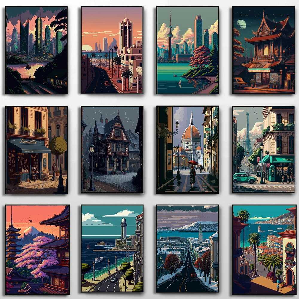 

Города пиксель художественные плакаты Майами, Нью-Йорк, Сеул, Япония Пейзаж Холст Живопись Печать настенное искусство картины для гостиной домашний декор