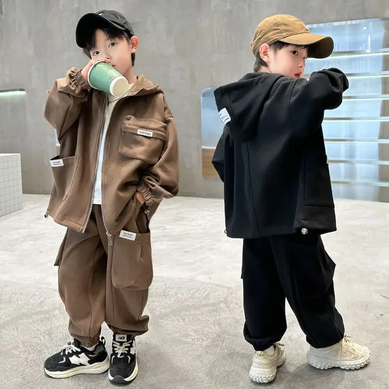 

Teen Boys' Sets Two Pieces Hooded Jacket Zipper Cuffed Pants Solid Loose 2023 Spring Autumn Fashionable Korean 5-12 Years Old