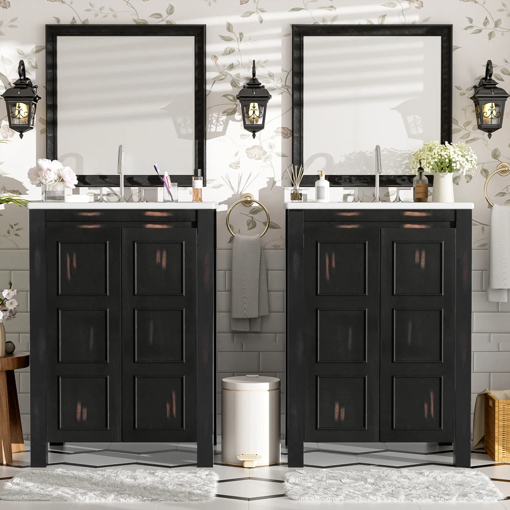 48" Vintage Style Small Bathroom Vanity Combo With Double Vanities (separate), Double Ceramic Sinks, Storage Shelf Amd Soft Clos 2