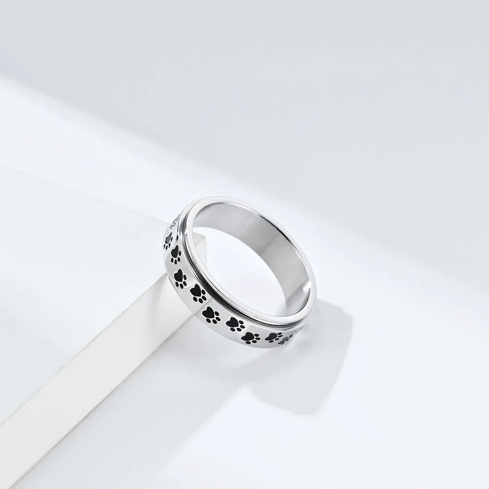 6mm Stainless Steel Black Enamel Paw Print Spinner Ring for Women - PeticaDeals