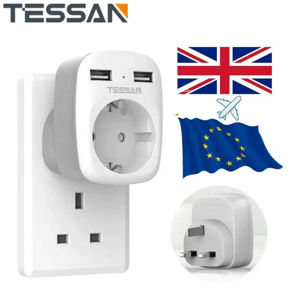 Plug Adapter Wall Socket Extender TESSAN European to UK Travel Portable with 1 Outlet +2 USB Ports Type G Plug England