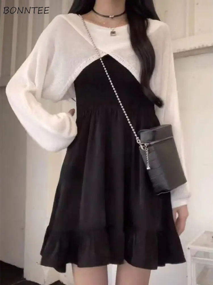 

Комплекты Женские Универсальные однотонные трендовые в стиле преппи студенческий шикарный Милый нежный осенний простой свитер платье для колледжа праздничные наряды