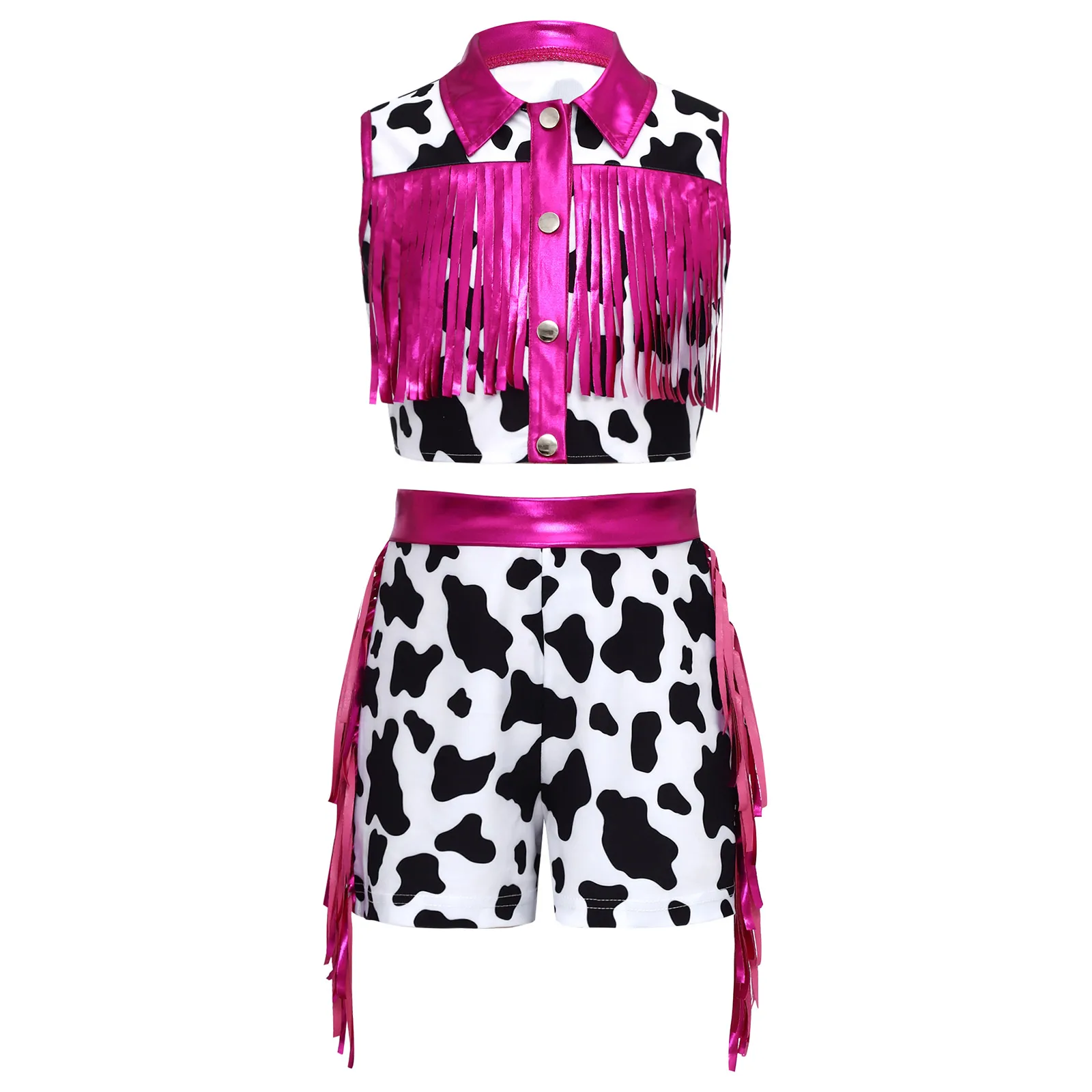 Girls Western Cowgirl Hippie Cosplay Outfit Performance Costumes Metallic Fringed Buttons Closure Top with Side Tassel Shorts
