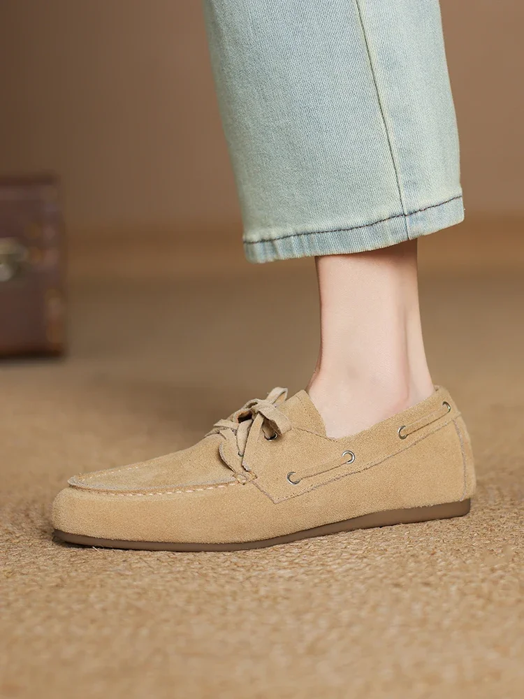 2025 NEW Trend Women Flat Shoes Genuine Leather Spring Autumn Lady Casual Lace Up Shoes Oversizes Size Apricot Brown Women Flats 4