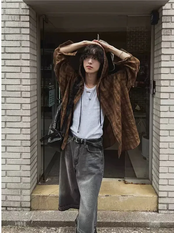 아메리칸 스타일 블루 체크 무늬 후드 자외선 차단 셔츠 남성용 봄 게으른 느슨한 긴 소매 자외선 차단 셔츠 다목적 겉옷