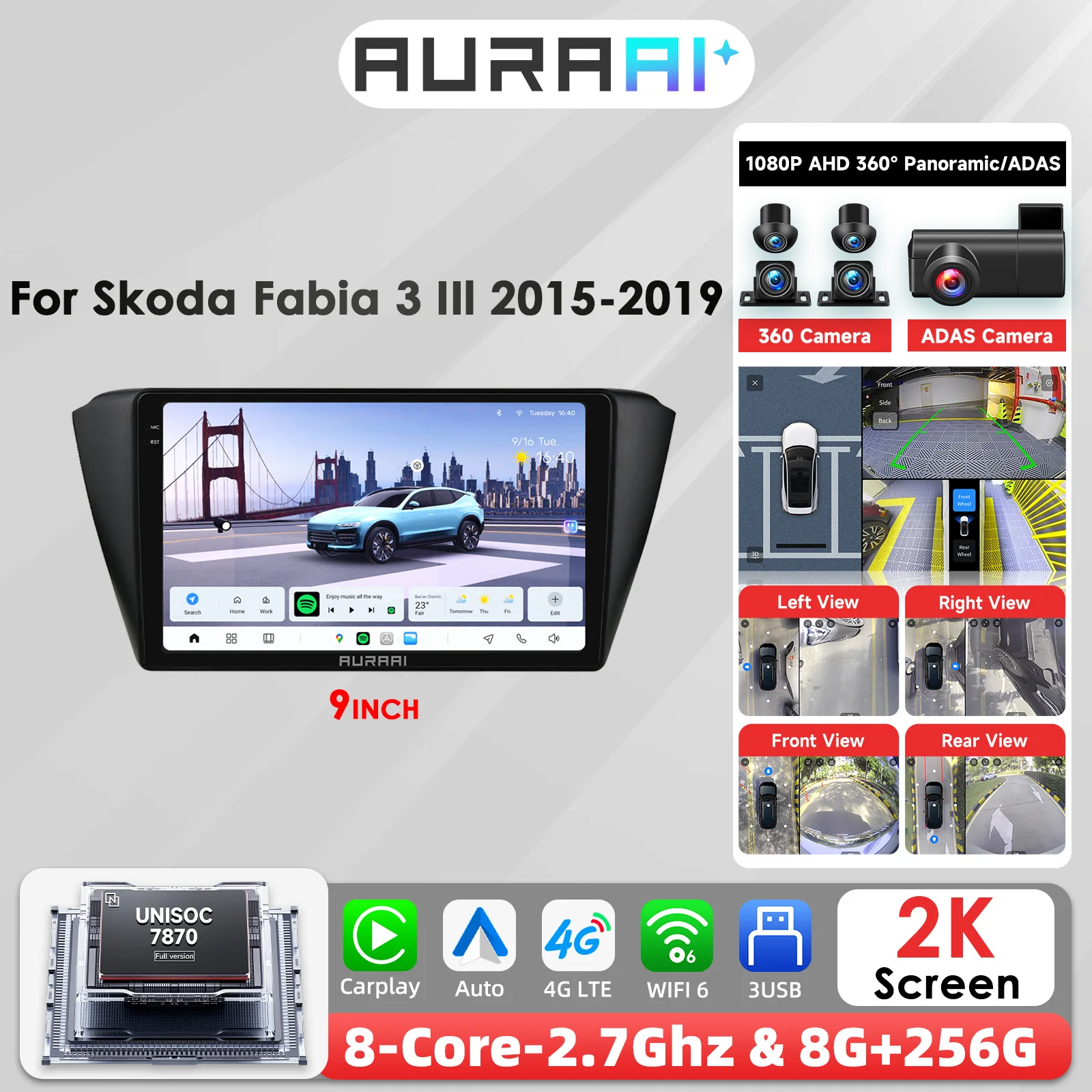 AURAAI X100 Carplay Android Autoradio für Skoda Fabia 3 III 2015 - 2019 Multimedia 2K intelligenter Bildschirm 7870 8Core ADAS 360 Cam