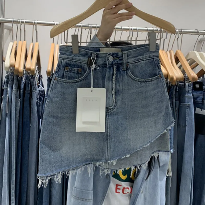 

2022 New Women Short Denim Skirt High Waist Ripped Holes Denim Multi Breasted Irregular Tassel Denim Black Blue Skirt Streetwear