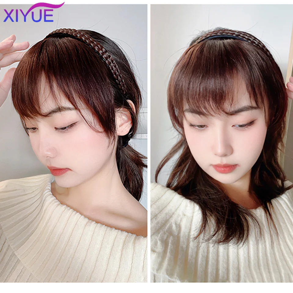Synthetic Fake Bangs Hair Neat Rhinestone hairband With Braids Headband Heat Resistant Bangs In Hair Extensions Hairpieces Hair