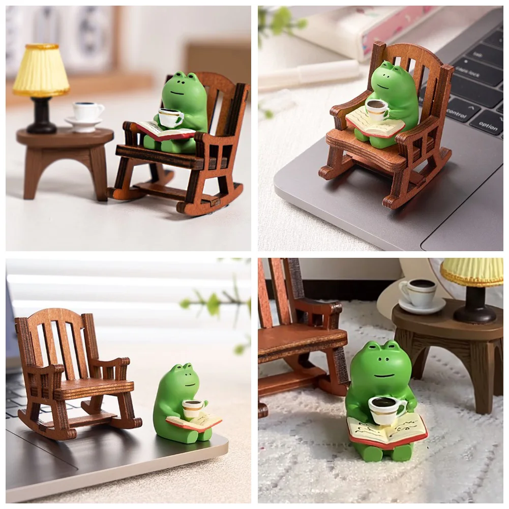Cute Healing Small Decoration Cartoon Frog Rocking Chair Rocking Chair Design with Book Coffee Home Office Decor Car Ornament