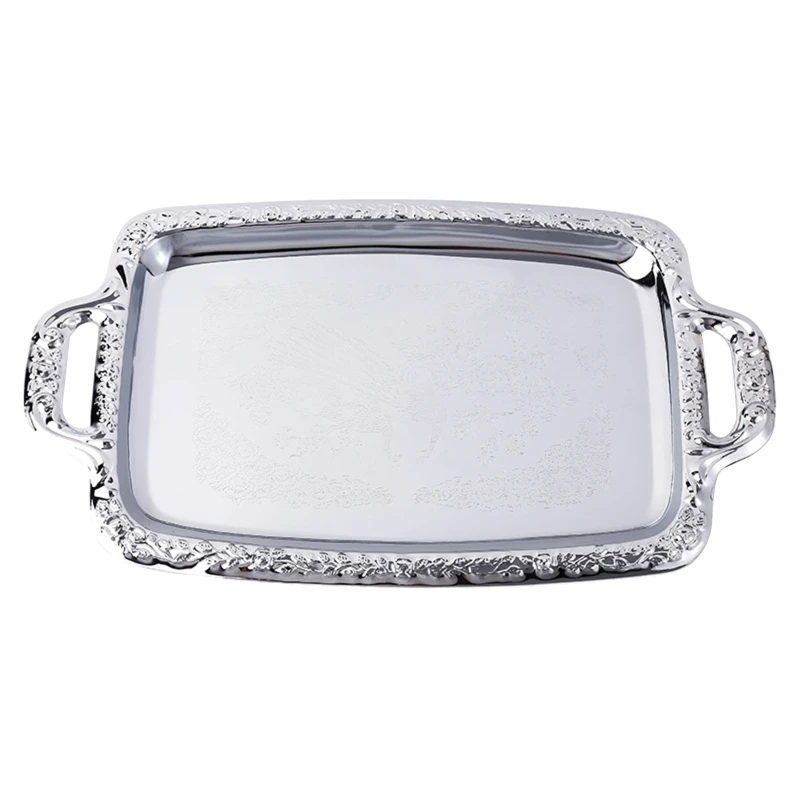 H55A Luxury Stainless Steel Storage Tray with Handle Cosmetic Jewelry Display Plate Hotel Restaurant Serving Dish Silver 2