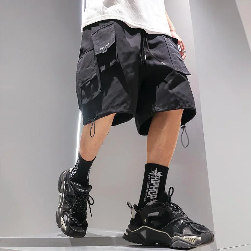 Summer Shorts Cargo Pants Men Joggers Black Stylish Pocket Ribbons Japanese Fashion Streetwear Hip Hop Shorts Male Casual Pants