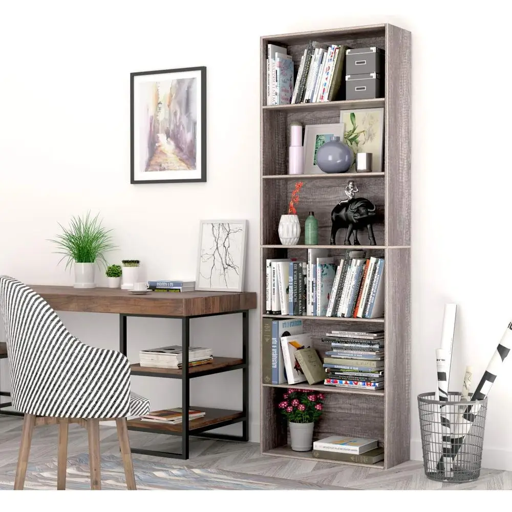 6 Tier Bookcase Standard Display Bookshelf E1 Grade Wood Home Living Room Office Storage Organizer Dark Oak Finish Stable 5
