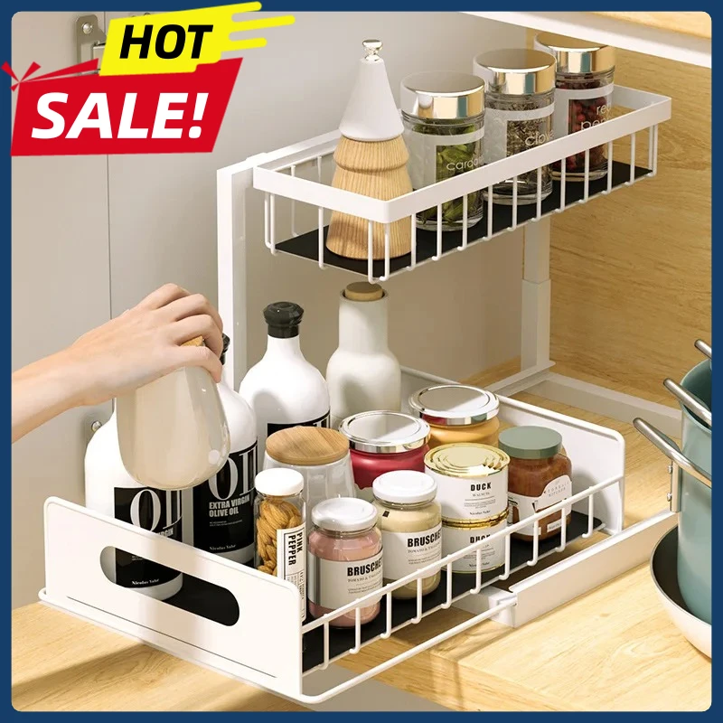 ชั้นวางของในครัวแบบดึงออกได้สองชั้น, กันลื่น, มั่นคง, กล่องเก็บของอเนกประสงค์พร้อมตะขอห้าอัน, สำหรับวางแปรงใต้ซิงค์ 1