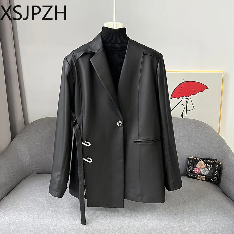 XSJPZH 2024 Autumn New Turn Down Collar Jackets Causal Fashion Elegant Blazer Coat PU Leather Medium Long Causal Suit Coat
