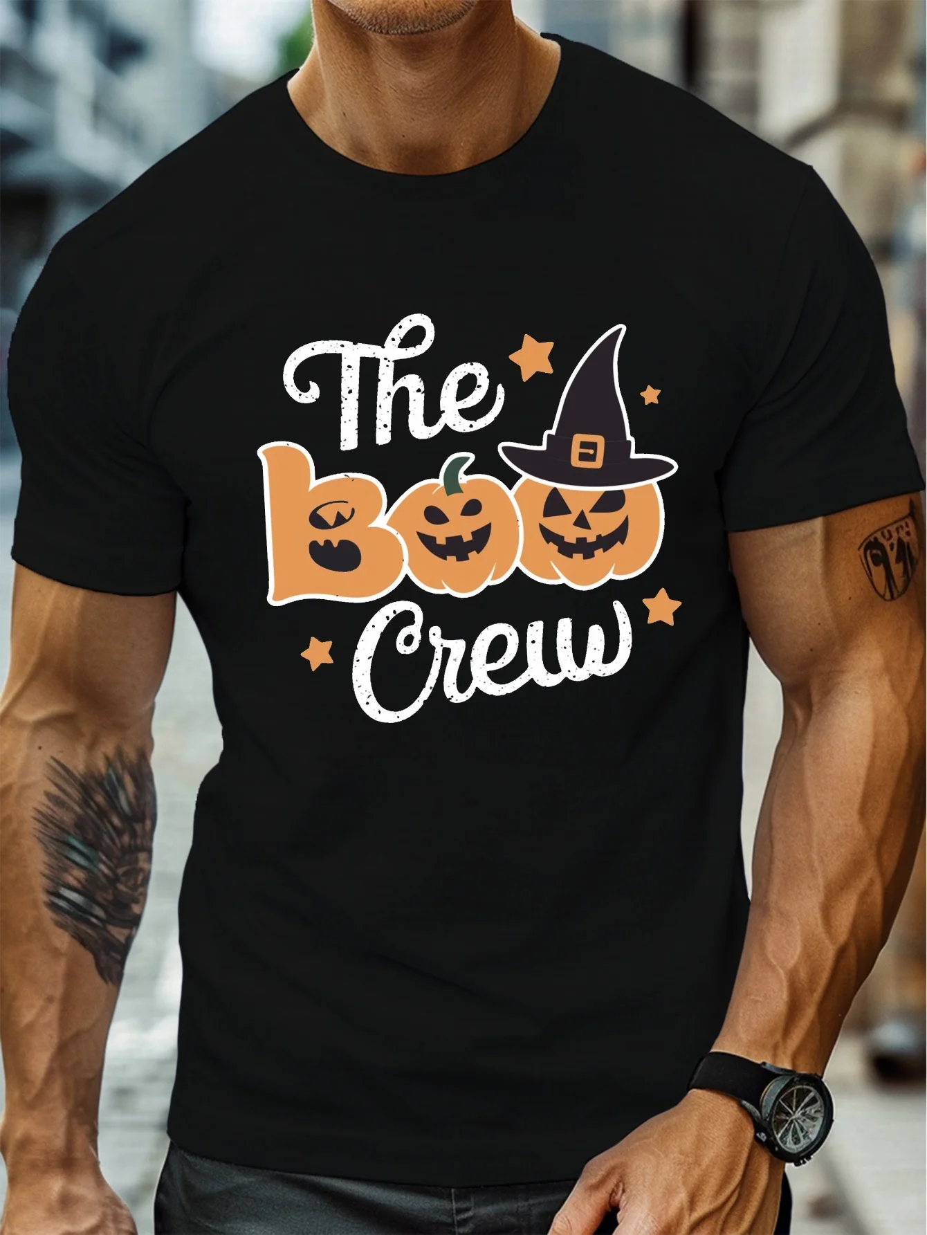 Boo Crew Pumpkin Cotton T-Shirt — Color: black / Size: XXXL