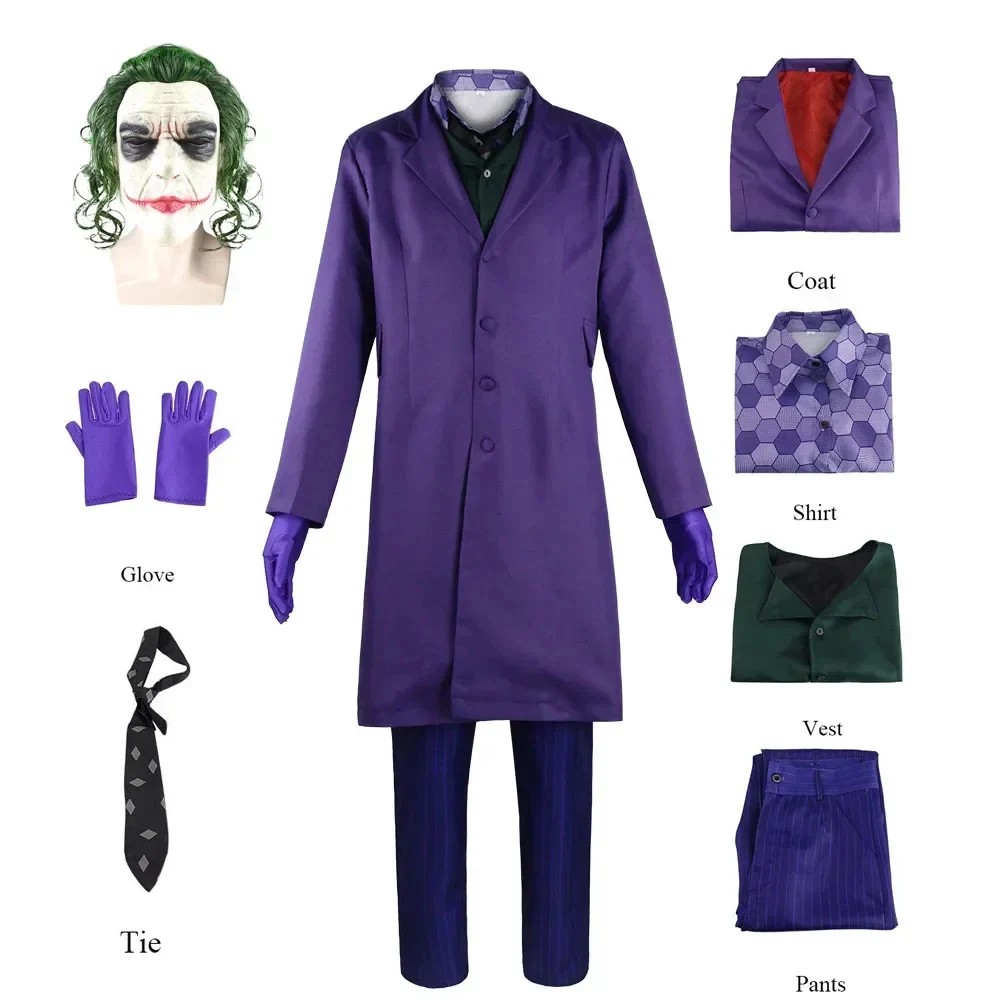 

Movie Dark Knight Clown Cosplay Costume Heath Ledger Clown Purple Uniform Latex Mask Full Set Adult Halloween Carnival Party