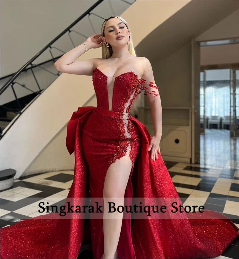 Glitter Red Evening Dresses With Detachable Train Glitter Beading Crystals Wedding Party Banquet Dance Party Gowns Robes