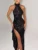 Elegant Sleeveless High Slit Ruffled Bodycon Evening Dress Women Shiny Hanging Collar Sexy Backless Party Club Vestido