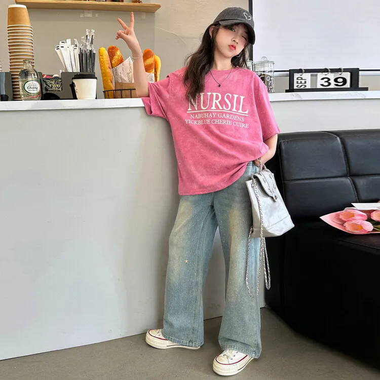 

Girls Suit 2024 New Spring and Summer Clothes Big Children Children Cotton Short-sleeved T-shirt Thin Jeans Summer Two-piece Set