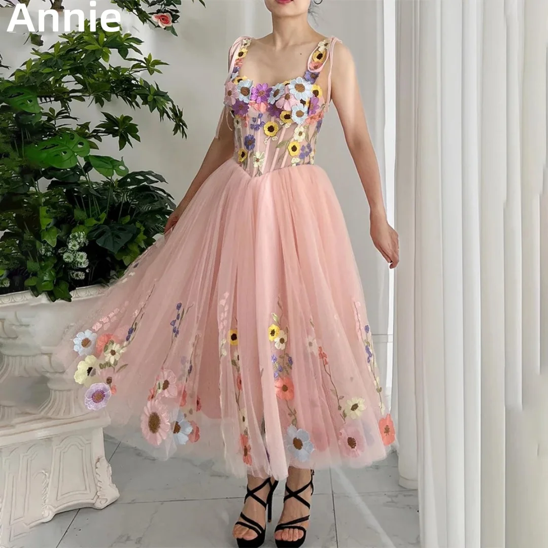 

Annie Embroidery Flowers Wedding Dress Sweetheart Prom Dresses Pink Tulle Fairy Boho Wedding Party Dresses Vestidos De Noche