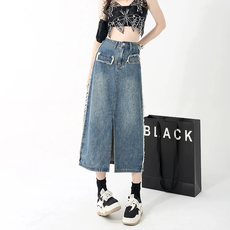 Real time shooting of summer split denim skirt for women with retro blue high street raw edge medium length A-line over knee and y2k fashion high waisted jeans shorts for women s summer blue raw edge korean style straight baggy street vintage denim shorts