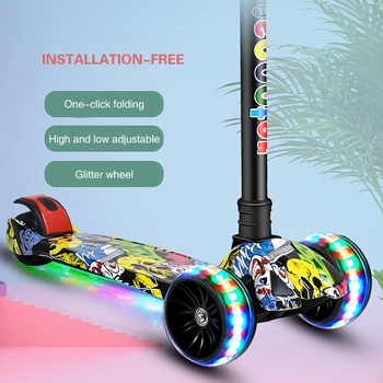 접이식 어린이 원 페달 3 륜 킥 스쿠터, 바퀴 반짝이 및 접이식 킥보드, 2-12 세용