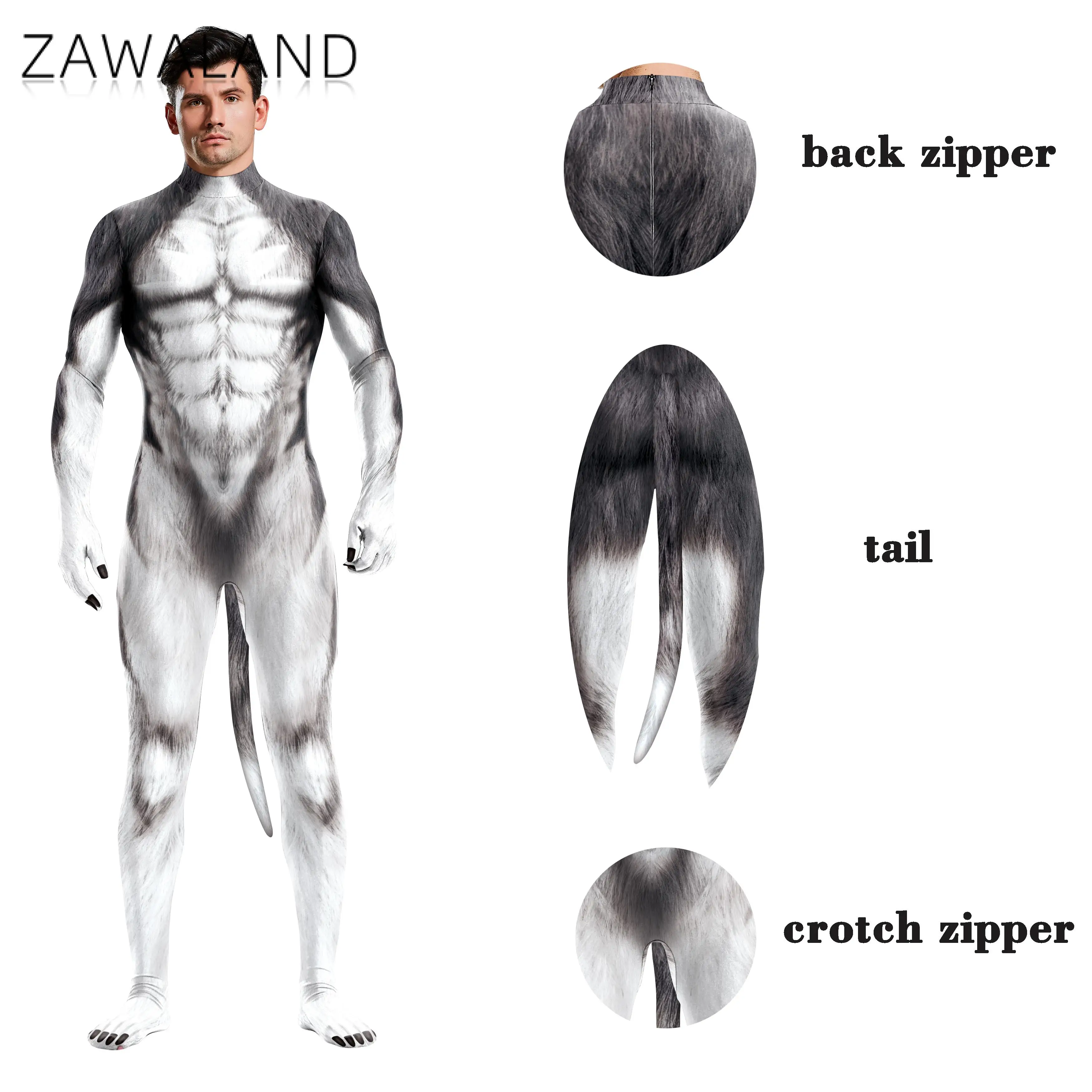 Zawaland Unisex Sexy Slim Cosplay Costume Snow Wolf Set Animal 3D Printing Zentai Jumpuit Full Bodysuit with Tail Party Playsuit cosplay costume sexy fetish wear
