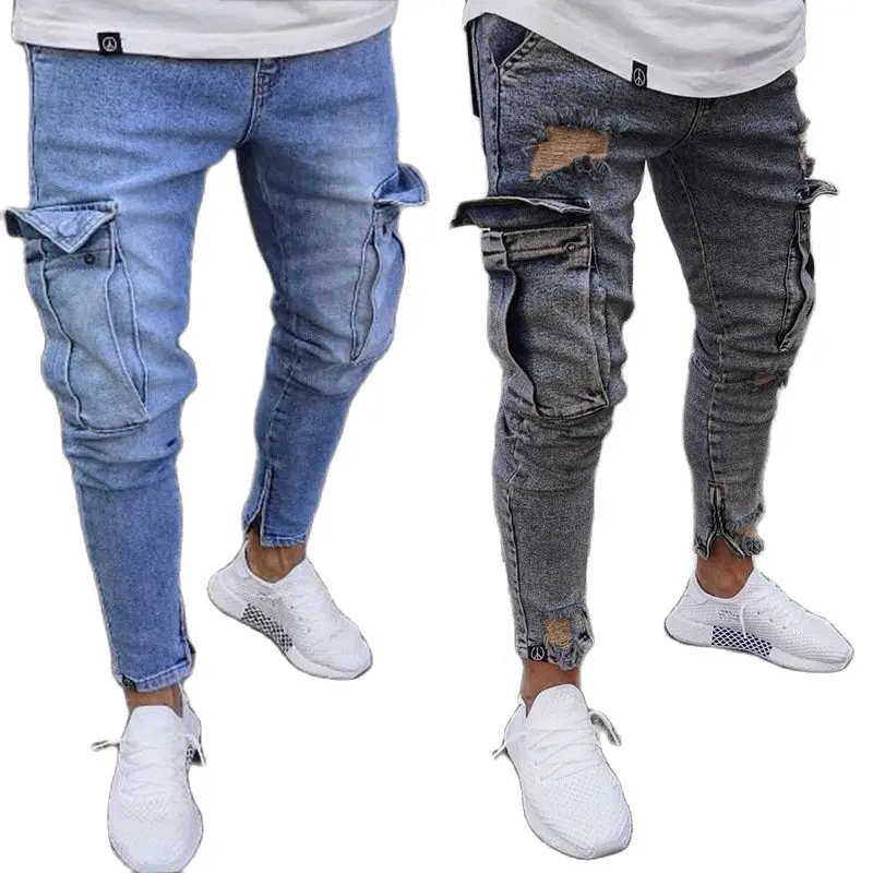 

LF806 European and American Elastic Trend Knee Hole Zipper Leggings Men's Jeans