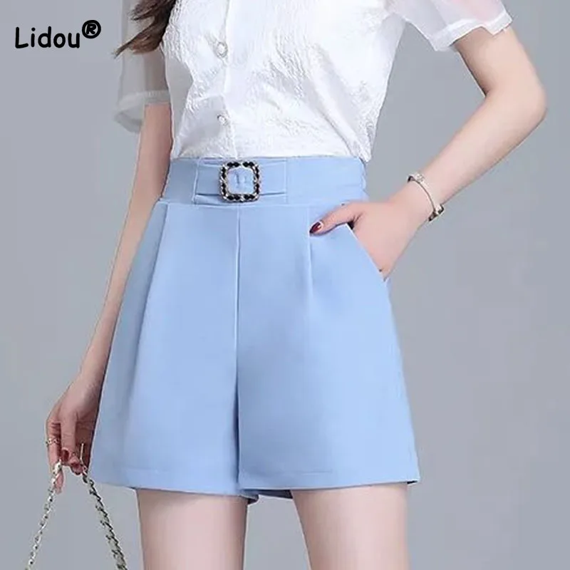 Office Lady Simplicity All-match High Waist Solid Color Shorts Summer Fashion Spliced Casual Pockets Pants Women's Clothing