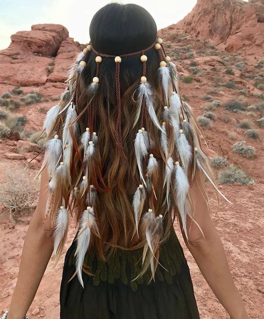 2023 Fashionable Boho Feather Headband Wig Beaded Feather